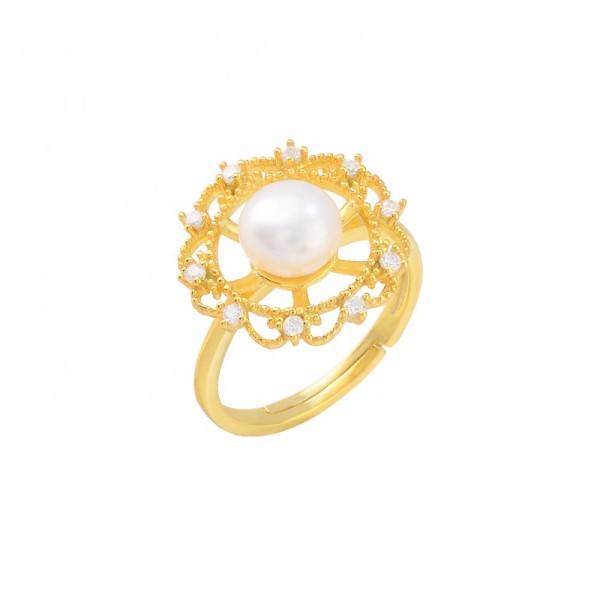 Fashion Style Natural Fresh Water Pearl 18 K Gold Plated Opening Adjustable S925 Sterling Silver Ring Jewelry