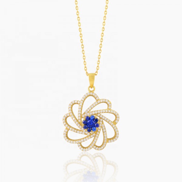 Luxury Elegant Design Yellow Gold Plated Sunflower Shape Sapphire Gemstone S925 Sterling Pendant Necklace Jewelry