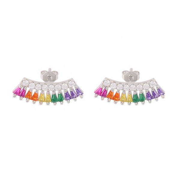 Multi Color Ice Out CZ Stone Rainbow Charm Earring Wholesale Rainbow S925 Sterling Silver Stud Earring Jewelry